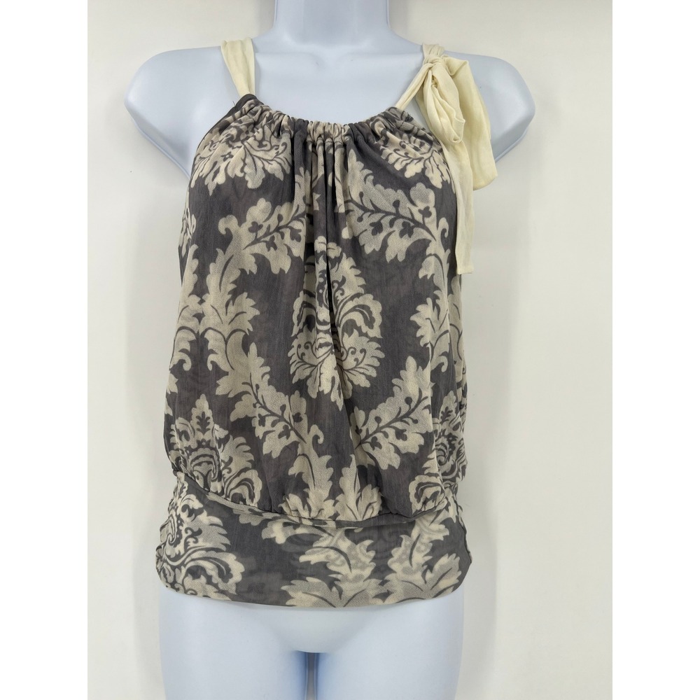 White House Black Market Small Y2K Gray Damask Floral Mesh Blouson Bow Tank Top